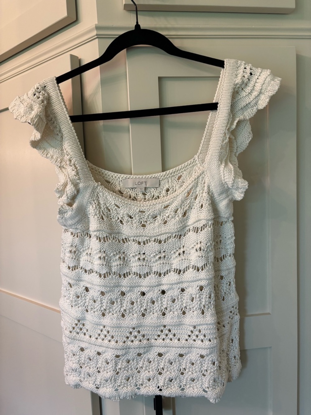 Cream Crochet Knit Flutter Sleeve Coastal Beach Vacation Spring Top Size L